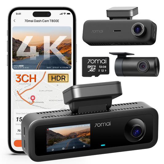 70mai 4K Dash Cam Front and Rear Inside, 3 Channel Car Dash Camera for Cars, Dashcam with GPS, Wi-Fi 6, Voice Control, Parking Monitor, Night Vision, Loop Recording, 64GB SD Card Included (T800E) - Available at All In One Marketplace Canada