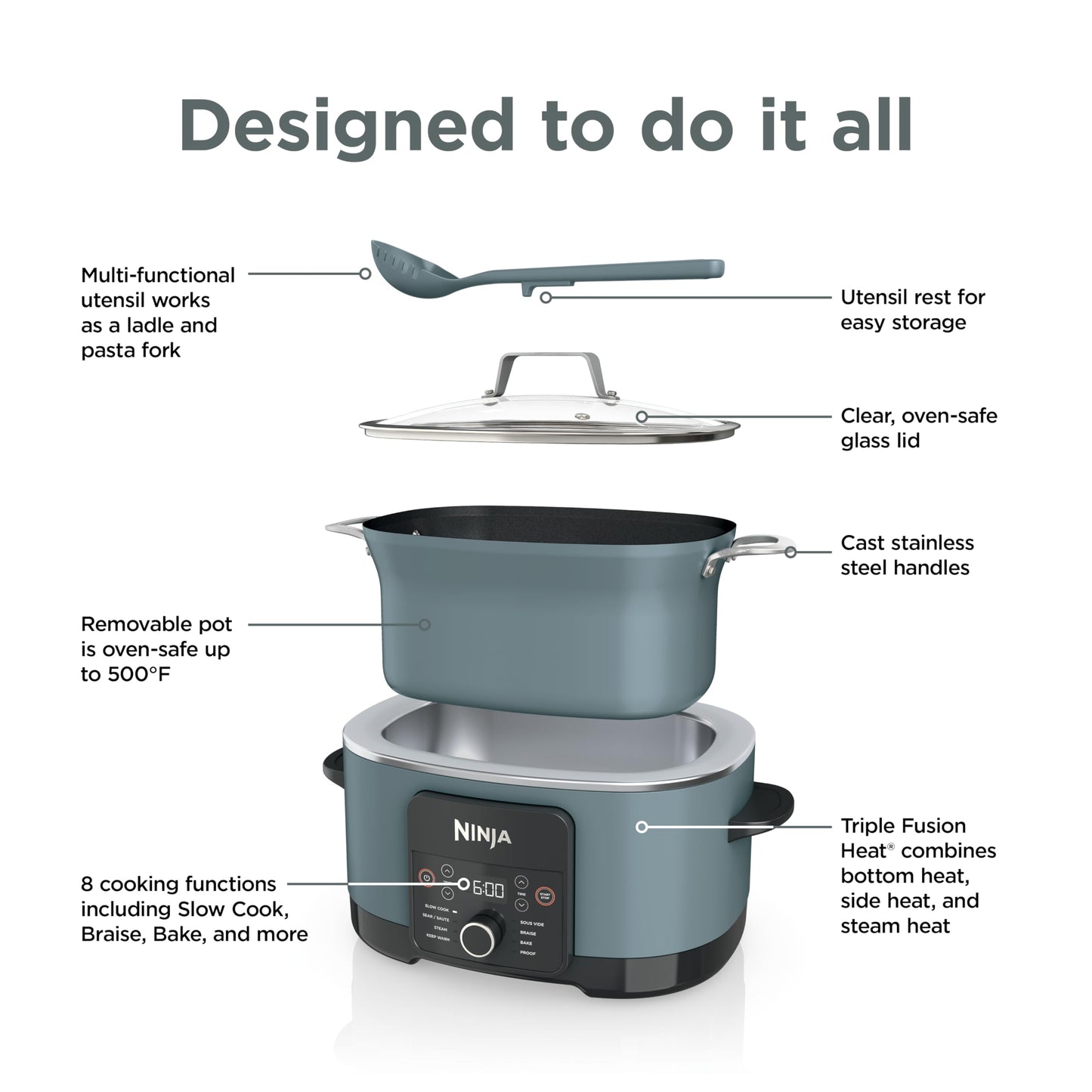 Ninja MC1001C Foodi PossibleCooker PRO 8.5 Quart Multi-Cooker, with 8-in-1 Slow Cooker,Dutch Oven,Steamer &More,Glass Lid & Integrated Spoon,Nonstick,Oven Safe Pot to 500°F,Sea Salt Gray,Sea Salt Grey - Available at All In One Marketplace Canada