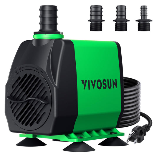 VIVOSUN 800GPH Submersible Pump(3000L/H, 24W), Ultra Quiet Water Pump with 10ft High Lift, Fountain Pump with 5ft Power Cord, 3 Nozzles for Fish Tank, Pond, Aquarium, Statuary, Hydroponics