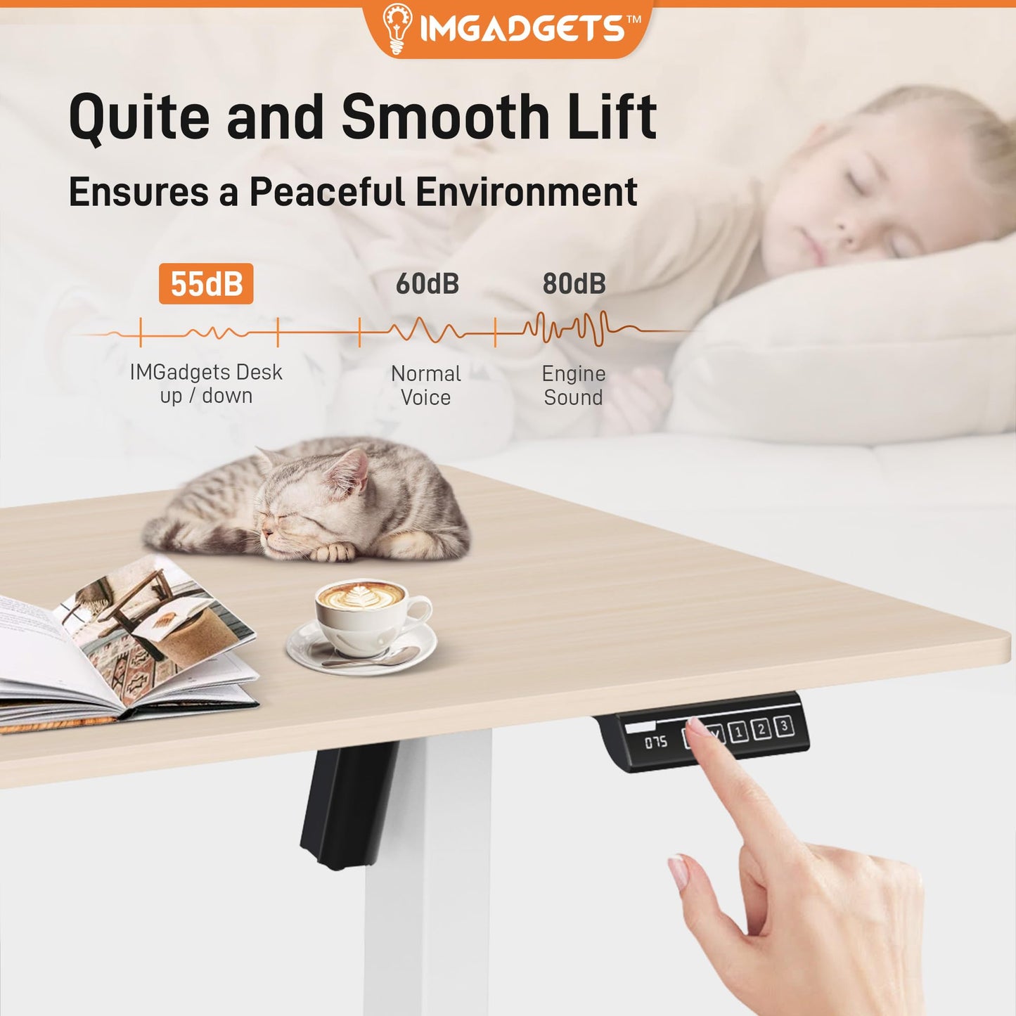 IMGadgets Electric Standing Desk, 47x24 Inches Height Adjustable, 2026 6th Gen Quiet Motor Ergonomic Sit Stand Desk, Computer Desk for Home Office, Height Memory Buttons, Display, 2 Headphone Holders