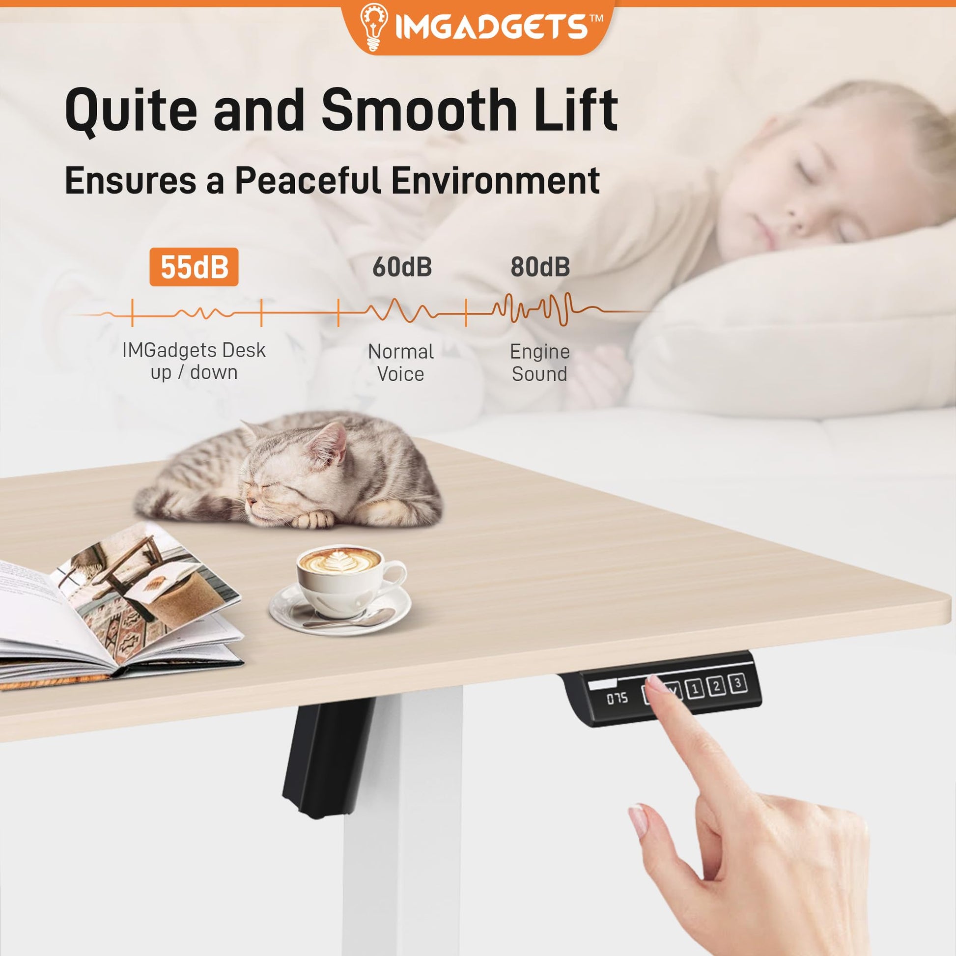 IMGadgets Electric Standing Desk, 47x24 Inches Height Adjustable, 2026 6th Gen Quiet Motor Ergonomic Sit Stand Desk, Computer Desk for Home Office, Height Memory Buttons, Display, 2 Headphone Holders