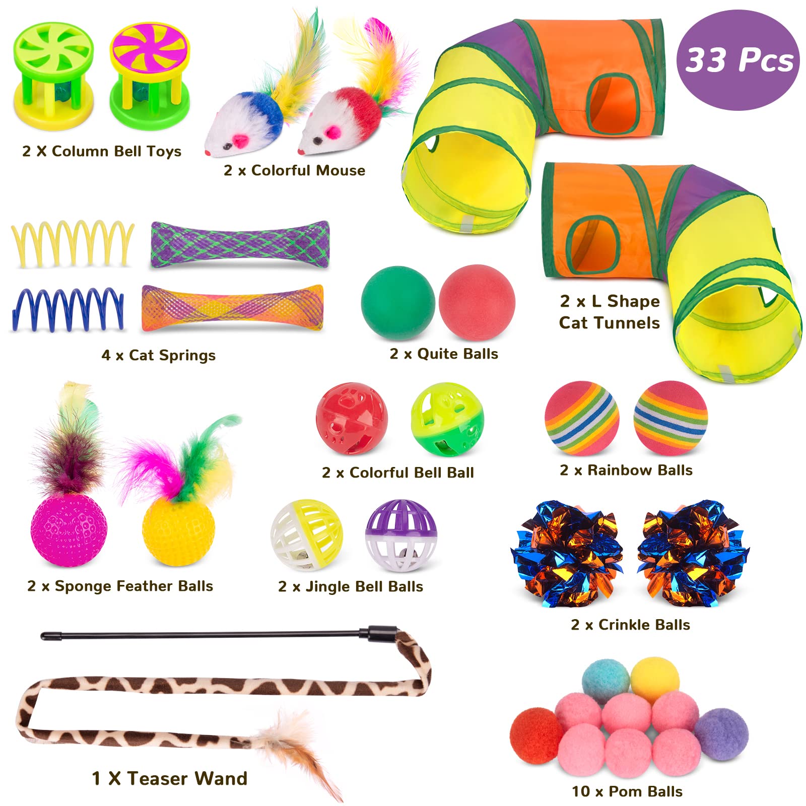 Retro Shaw Cat Toys Set 33 Pack, Cat Play Tunnel for Indoor Cats Kitty, Kitten Toys Include 2 Collapsible Cat Tunnels Tube Tent, Cat Feather Teaser Wand Springs Rainbow Bell Crinkle Ball Mouse Pompom - Available at All In One Marketplace Canada