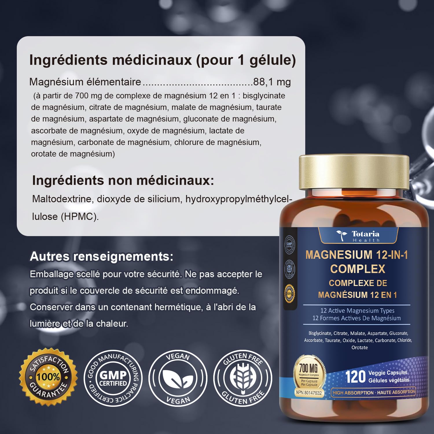 Totaria Magnesium Complex 700mg 12 in 1 Magnesium Supplement with Glycinate Citrate Malate Oxide Taurate Aspartate Orotate Magnesium Relaxation,Muscle,Heart Support, Vegan 120 Capsules - Available at All In One Marketplace Canada