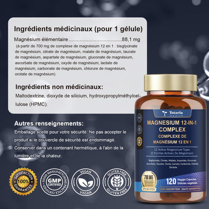 Totaria Magnesium Complex 700mg 12 in 1 Magnesium Supplement with Glycinate Citrate Malate Oxide Taurate Aspartate Orotate Magnesium Relaxation,Muscle,Heart Support, Vegan 120 Capsules - Available at All In One Marketplace Canada