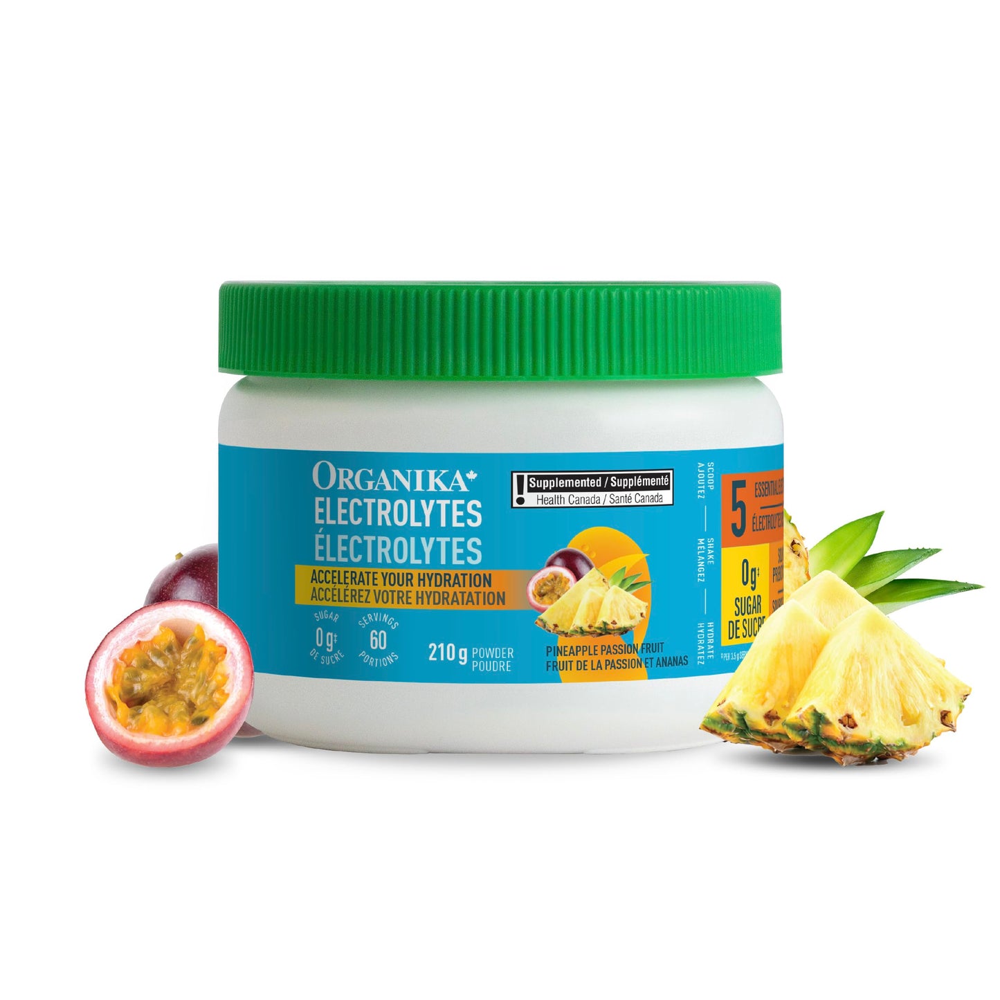 Organika Canadian-Made Electrolytes Powder with Vitamin C & Prebiotic Fibre - Sugar-Free Hydration Drink Mix - Pineapple PassionFruit - 210 g - 60 servings