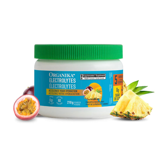 Organika Canadian-Made Electrolytes Powder with Vitamin C & Prebiotic Fibre - Sugar-Free Hydration Drink Mix - Pineapple PassionFruit - 210 g - 60 servings