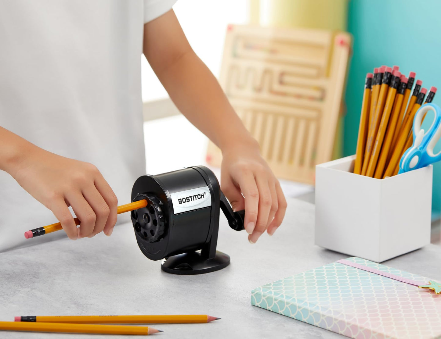 Bostitch Office Wall Mount Manual Pencil Sharpener, Tip Saver, 8 Hole Dial, 6X Longer Cutter Life, Vertical or Horizontal Mounting Black (MPS1-BLK) Bostitch