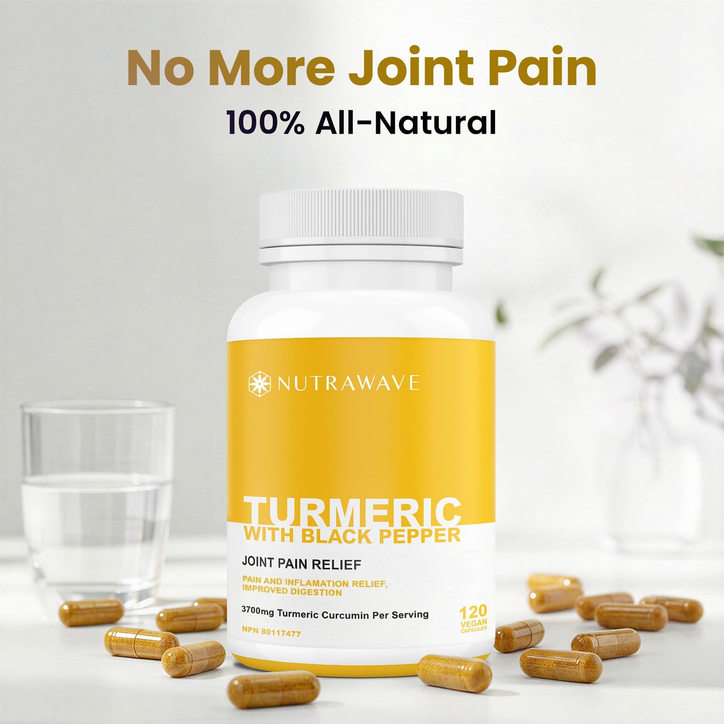 Nutrawave HIGH POTENCY TURMERIC CURCUMIN + BLACK PEPPER EXTRACT – Powerful 3700mg per Serving (2 capsules), Source of Anti-Inflammatory and Antioxidants. Joint Pain Relief, Improved Liver Function. Non-GMO, Vegan, Gluten Free. Zero Additives, Easy to Swal - Available at All In One Marketplace Canada
