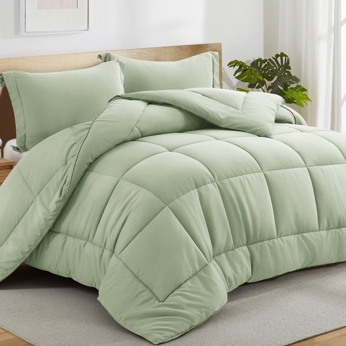 All Season Queen Comforter Set 3 PCs Soft Quilted Down Alternative Comforter+2 Pillow Shams with Corner Tabs,Winter Summer Warm Fluffy,Machine Washable (Sage Green, Queen) 🍁 All In One Marketplace Canada