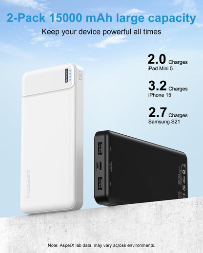AsperX 2-Pack 15000mAh Portable Charger Power Bank 3A Fast Charging, USB C Output Portable Battery Bank External Battery Pack for iPhone 17/16/15/14/13, Galaxy, Google LG,Tablets and Heated Vest