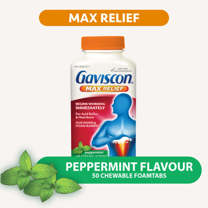 Gaviscon Max Relief Tablets - 50 Count - Chewable Foaming Antacid Tablets for Day and Night Heartburn Relief, Acid Reflux and GERD Relief, Cooling & Refreshing Peppermint - Free of Aluminum & Lactose 🍁 All In One Marketplace Canada