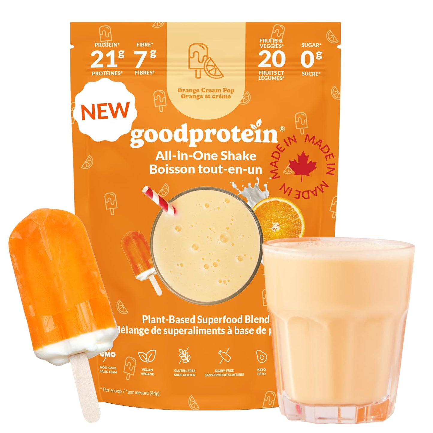 Good Protein Vegan Plant-based Protein Powder 100% Natural, Non-GMO, Dairy-free, Gluten-free, Soy-free, No Added Sugar and Nothing Artificial. Orange Cream Pop All-in-One Shake 880 grams