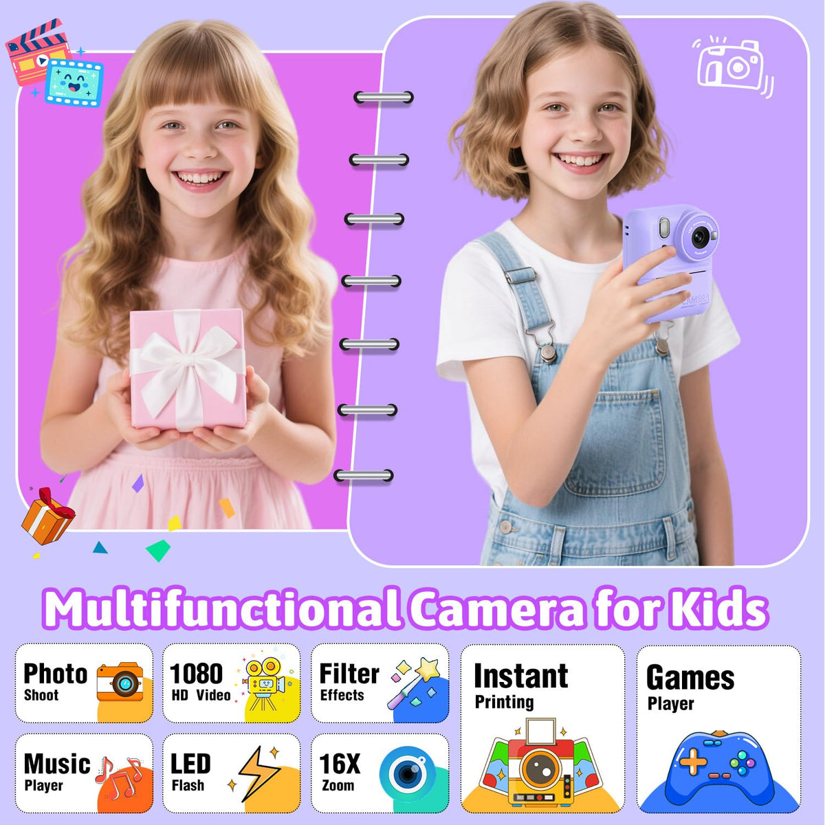 Okaloka Kids Instant Print Camera Toys,1080P HD Toddler Digital Video Camera,Christmas Birthday Gifts for Girls Boys Age 3-12 Year Old - 32G SD Card Included (Purple) 🍁 All In One Marketplace Canada
