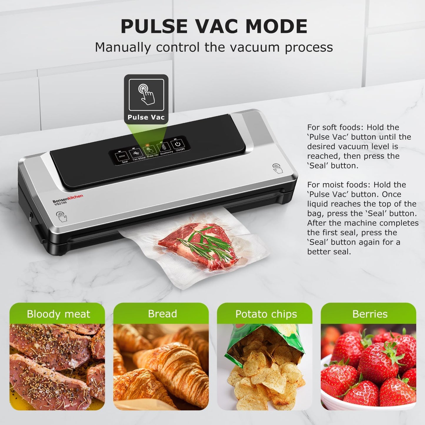 Bonsenkitchen Vacuum Sealer Machine, 90Kpa Powerful Food Sealer, Multi-Functional Food Vacuum Sealer with Vacuum Bags & Accessory Hose,Globefish Technology for High-Speed Continuous Working, Silver - Available at All In One Marketplace Canada
