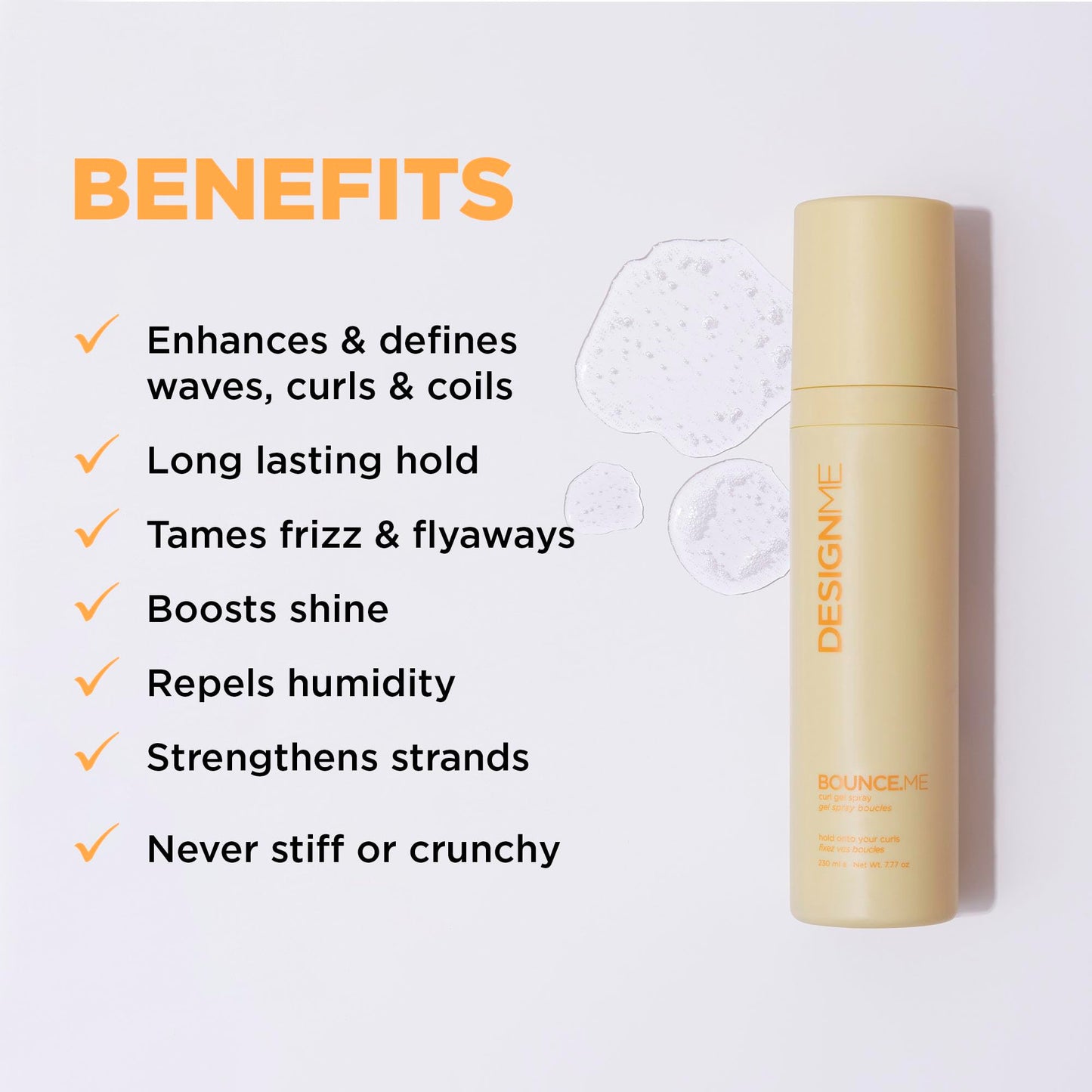 Design.Me BOUNCE.ME Curling Gel Spray | Frizz-Free Curl Defining Gel - Refresh Curls, Waves, Coils | Non-Crunchy, Non-Sticky Formula - Climate Control Styling, 7.77Oz - Available at All In One Marketplace Canada