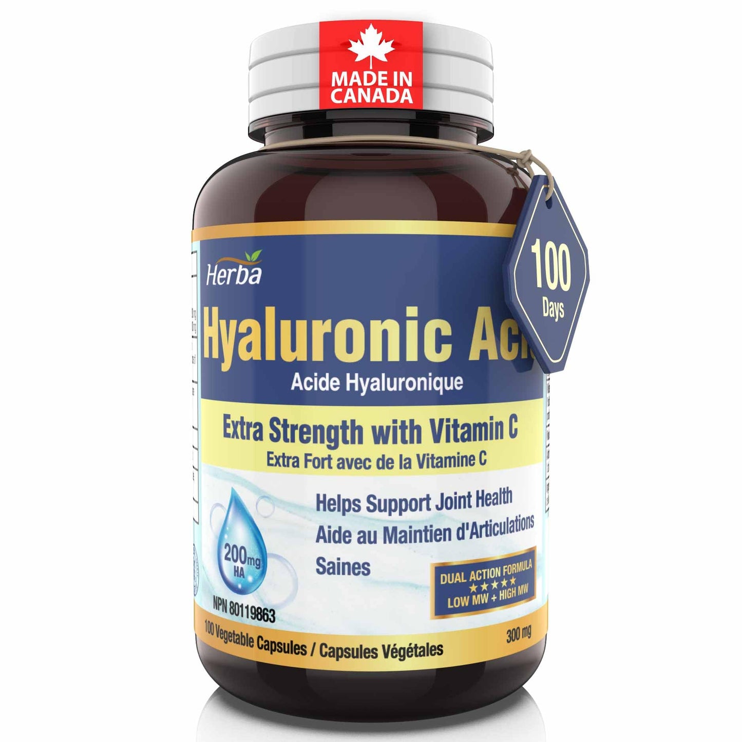 Herba Hyaluronic Acid Supplement 200mg - 100 Capsules | 100% Purity Hyaluronic Acid Capsules with Vitamin C to Support Joint and Bone Health | Made in Canada - Available at All In One Marketplace Canada