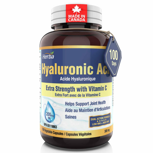 Herba Hyaluronic Acid Supplement 200mg - 100 Capsules | 100% Purity Hyaluronic Acid Capsules with Vitamin C to Support Joint and Bone Health | Made in Canada - Available at All In One Marketplace Canada