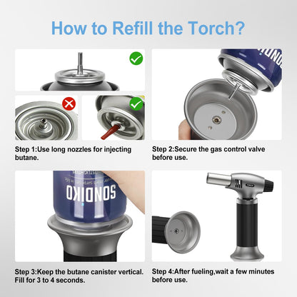 Sondiko Butane Torch, Refillable Kitchen Torch Lighter, Fit All Butane Tanks Blow Torch with Safety Lock and Adjustable Flame for Desserts, Creme Brulee, BBQ, and Baking—Butane Gas is Not Included - Available at All In One Marketplace Canada