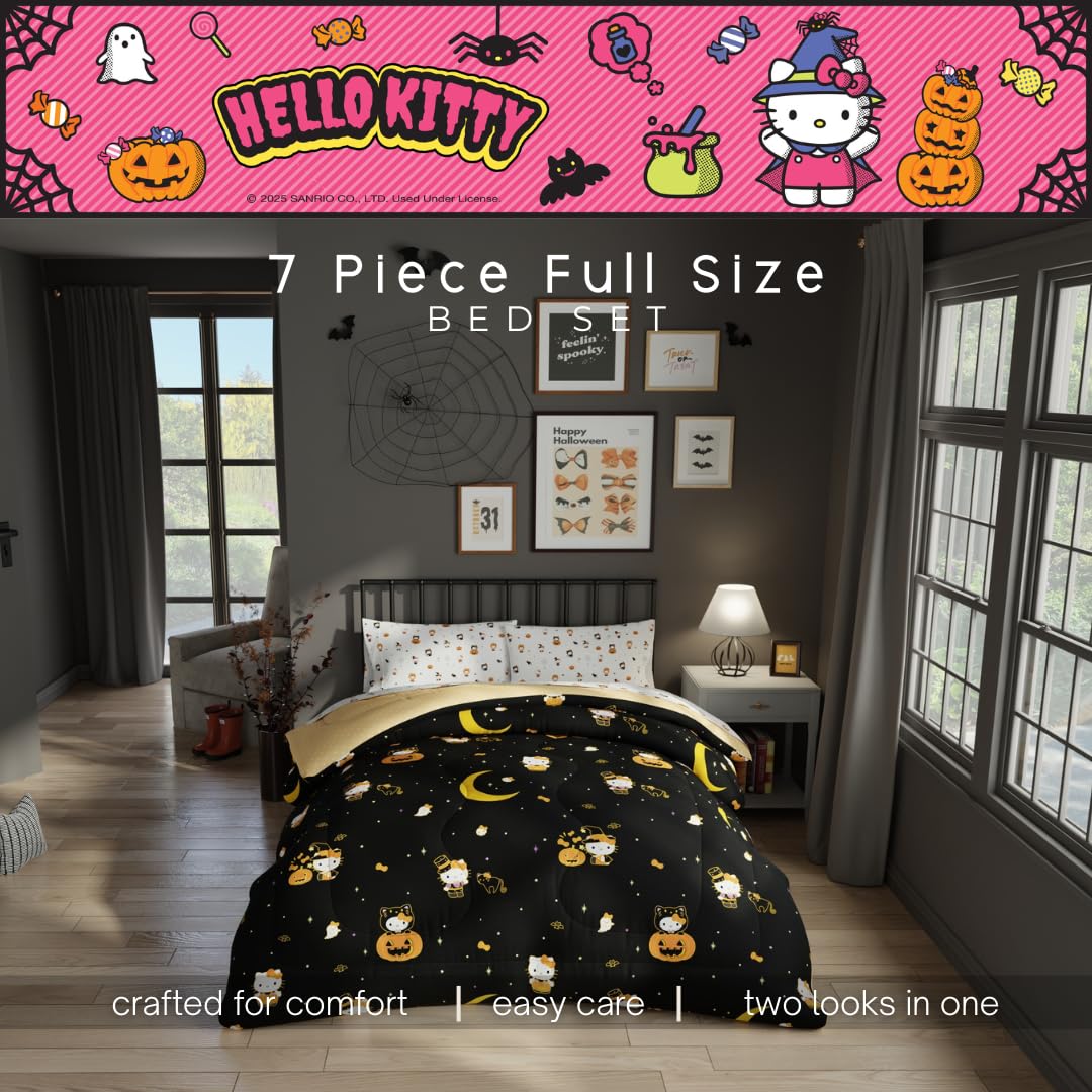 Sanrio Hello Kitty Halloween Pumpkin Full Bed Set – Super Soft & Cozy 5 Piece Reversible Comforter and Sheet Set (Officially Licensed Product) by Franco