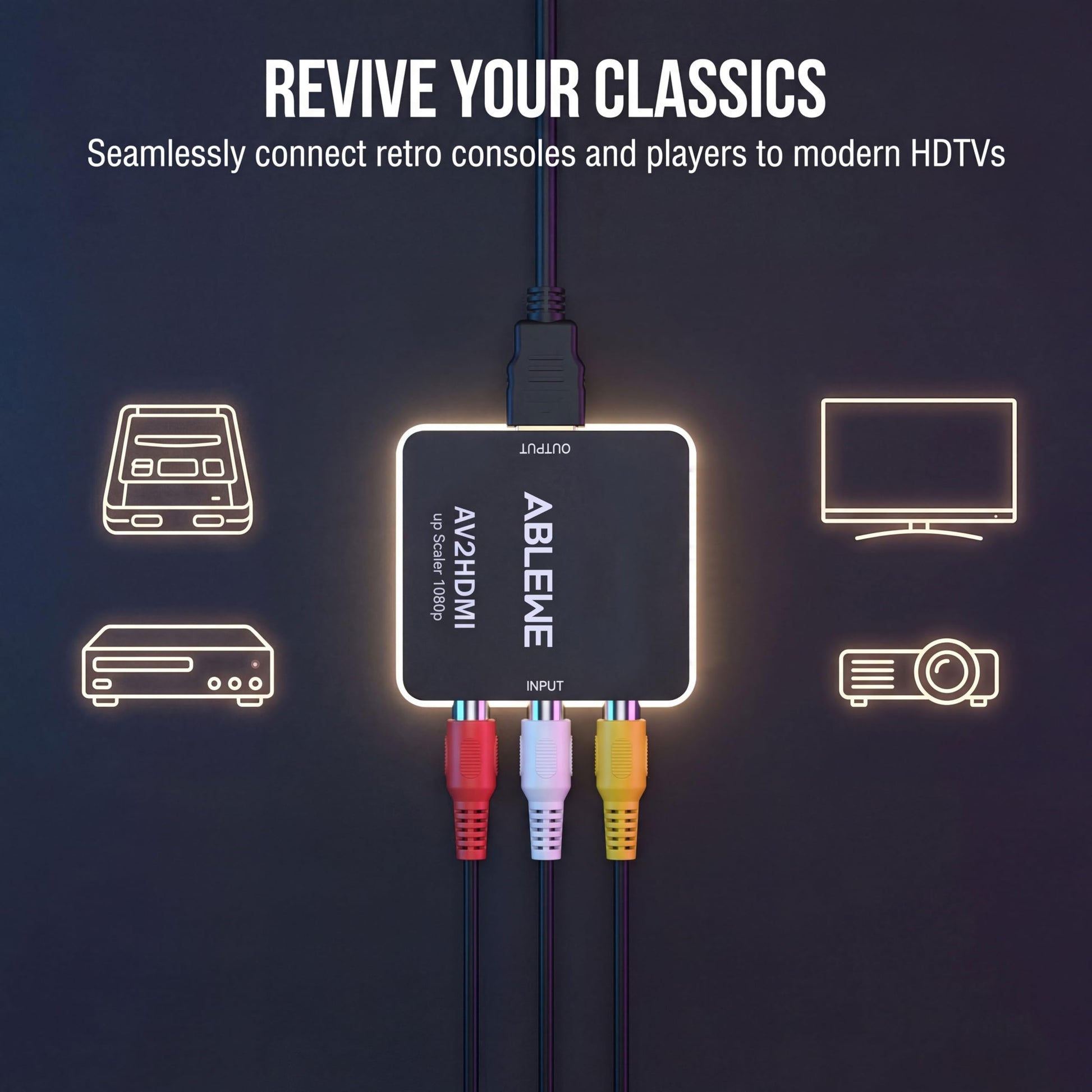 ABLEWE RCA to HDMI,AV to HDMI Converter, 1080P Mini RCA Composite CVBS Video Audio Converter Adapter Supporting PAL/NTSC for TV/PC/ PS3/ STB/Xbox VHS/VCR/Blue-Ray DVD Players