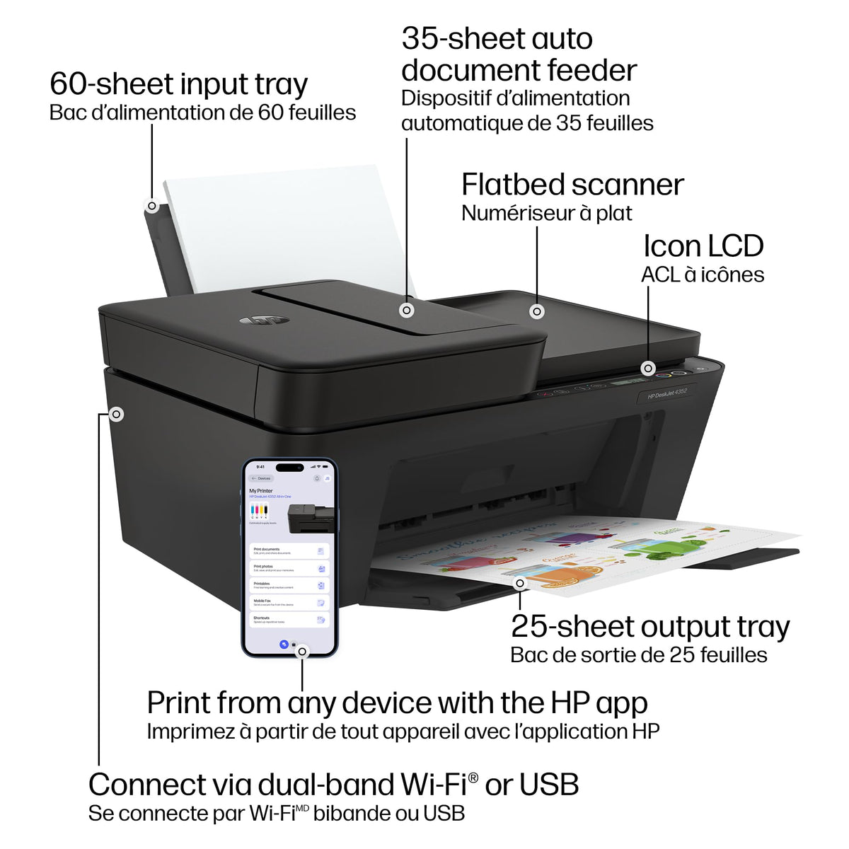 HP Desket 4352 Wireless All-in-One Color Inkjet Printer, Scanner, Copier, Best-for-Home, 3 Month Instant Ink Trial Included- AI Enabled (A24HTA)
