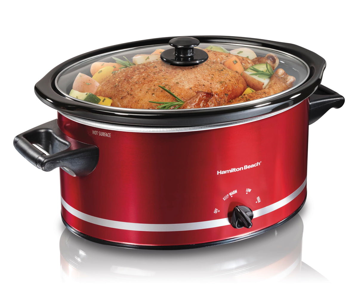 Hamilton Beach Slow Cooker, 8 Quart (7.6 L), Extra-Large Capacity, Metallic Red, Manual Controls, Keep Warm, Dishwasher Safe Stoneware Crock, Model 33184