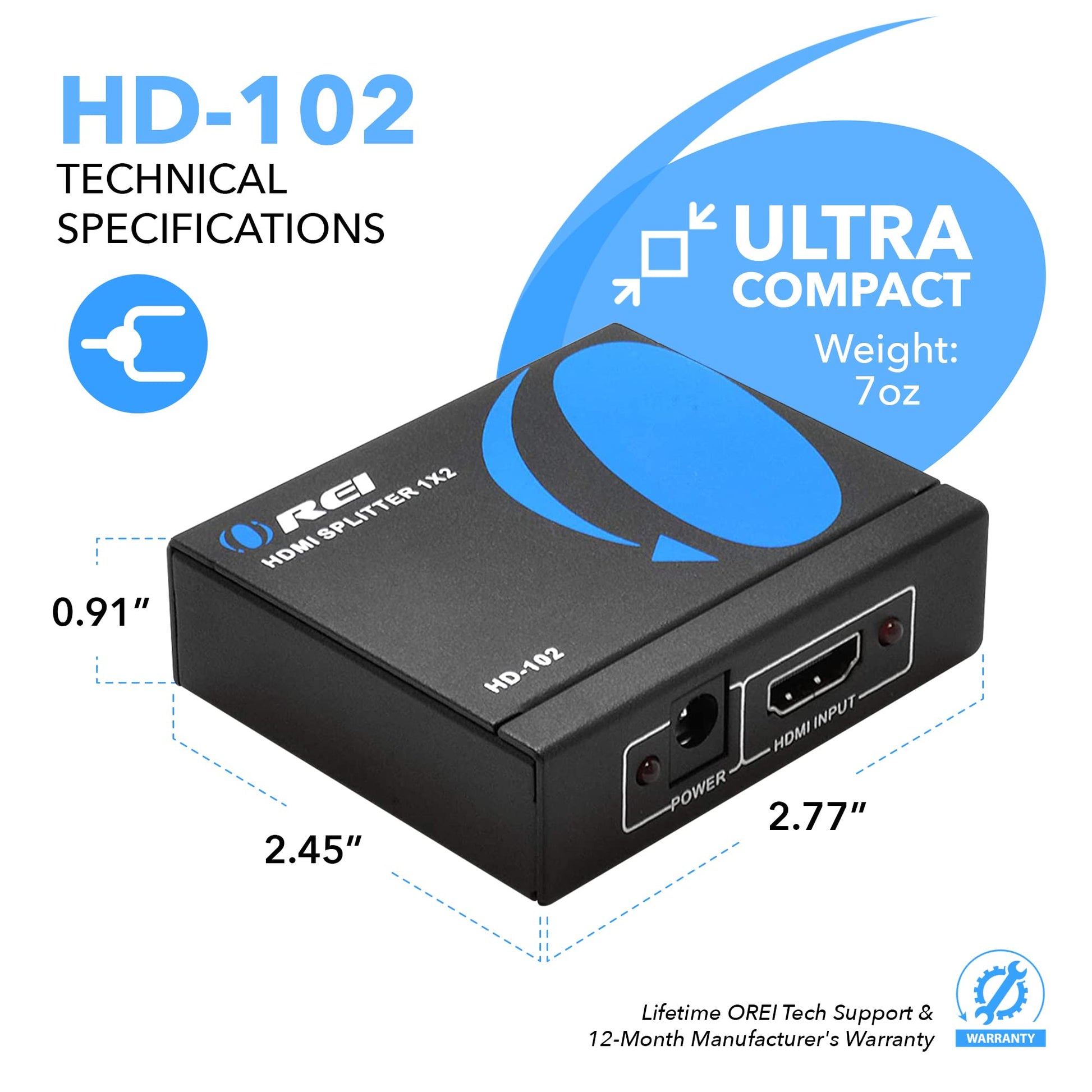 OREI HDMI Splitter 1 in 2 Out - 1x2 HDMI Splitter For TV Mirror Only - Not for Multi Monitors and HDCP Bypass, 1080P @ 60Hz & 4K @ 30Hz Resolutions – Powered HDMI splitter (HD-102) Orei