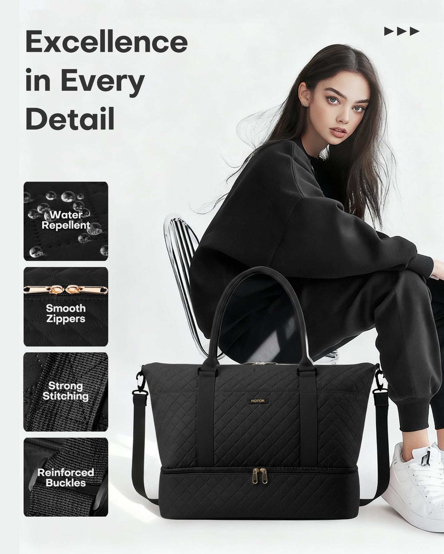 HOTOR Travel Duffel Bag - Large Weekender Bags for Women, Carry On Bag with Shoe Compartment, Overnight Bag with Toiletry Bag for Travel Essentials and Travel Accessories, Black, 34.0 x 45.0 x 20.0 cm - Available at All In One Marketplace Canada