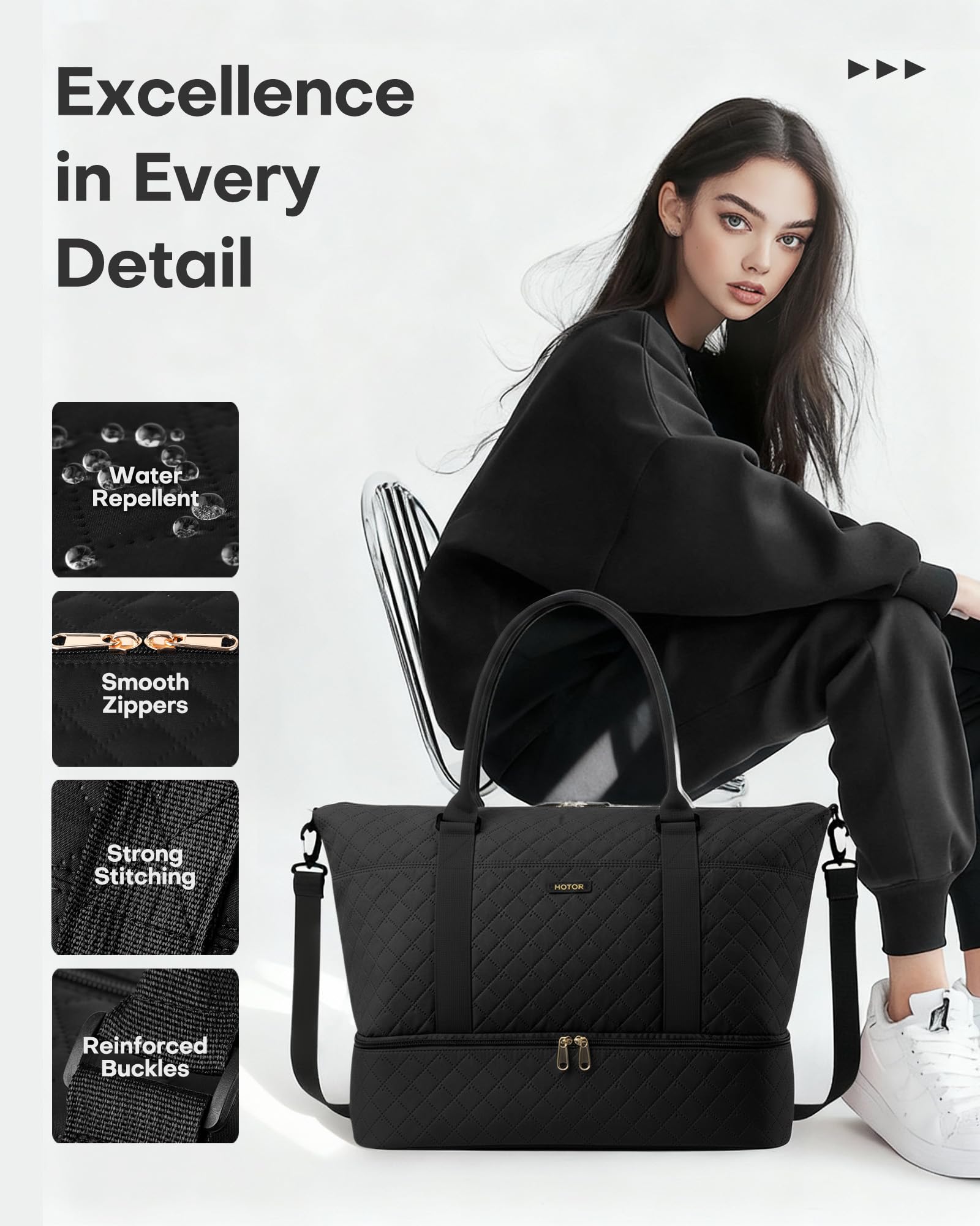 HOTOR Travel Duffel Bag - Large Weekender Bags for Women, Carry On Bag with Shoe Compartment, Overnight Bag with Toiletry Bag for Travel Essentials and Travel Accessories, Black, 34.0 x 45.0 x 20.0 cm - Available at All In One Marketplace Canada