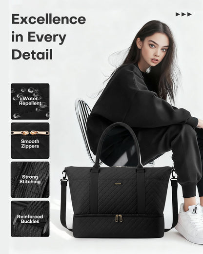 HOTOR Travel Duffel Bag - Large Weekender Bags for Women, Carry On Bag with Shoe Compartment, Overnight Bag with Toiletry Bag for Travel Essentials and Travel Accessories, Black, 34.0 x 45.0 x 20.0 cm - Available at All In One Marketplace Canada
