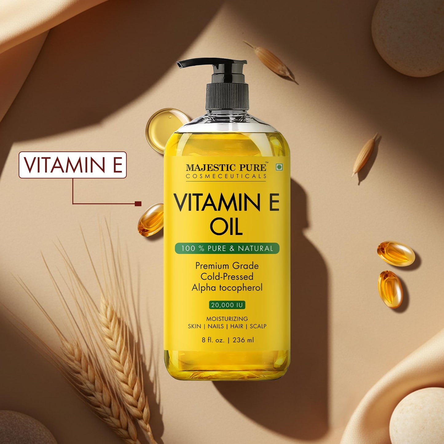 Majestic Pure Vitamin E Oil - 100% Pure & Natural, 20,000 IU | Premium Grade, Cold-Pressed and Tocopherol to Repair Dry, Damaged Skin| Moisturizing Skin, Hair and Scalp 8 Fl Oz