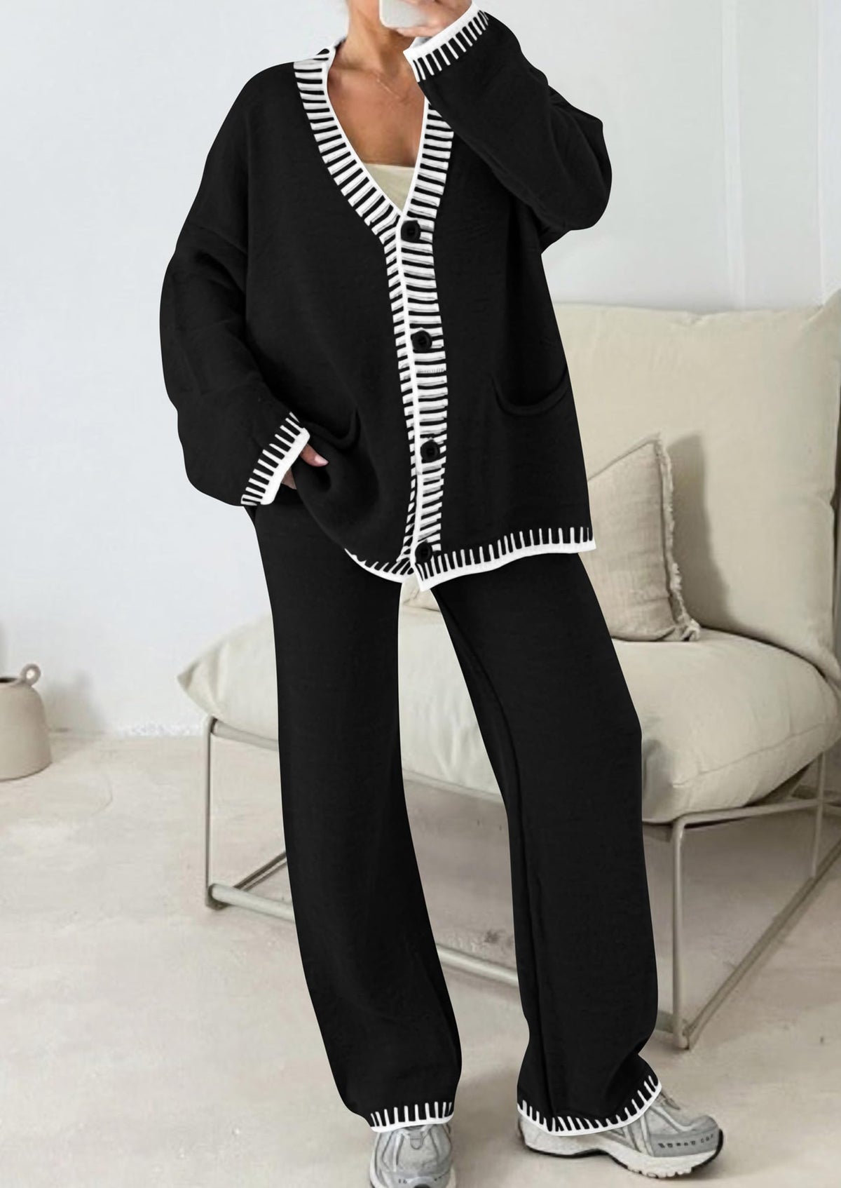 PRETTYGARDEN Women's Fall 2 Piece Knit Sweater Lounge Set(Black,XL) 🍁 All In One Marketplace Canada