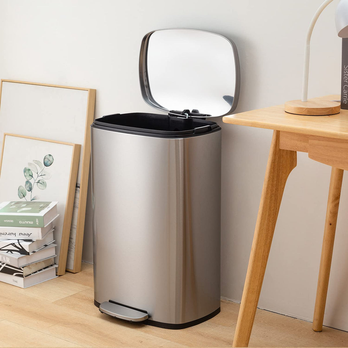 FDW 13 Gallon/50L Trash Can, Stainless Steel Kitchen Wastebaskets with Lid, Fingerprint-Proof, Slow Close for Office Bedroom Bathroom （Stainless Steel）