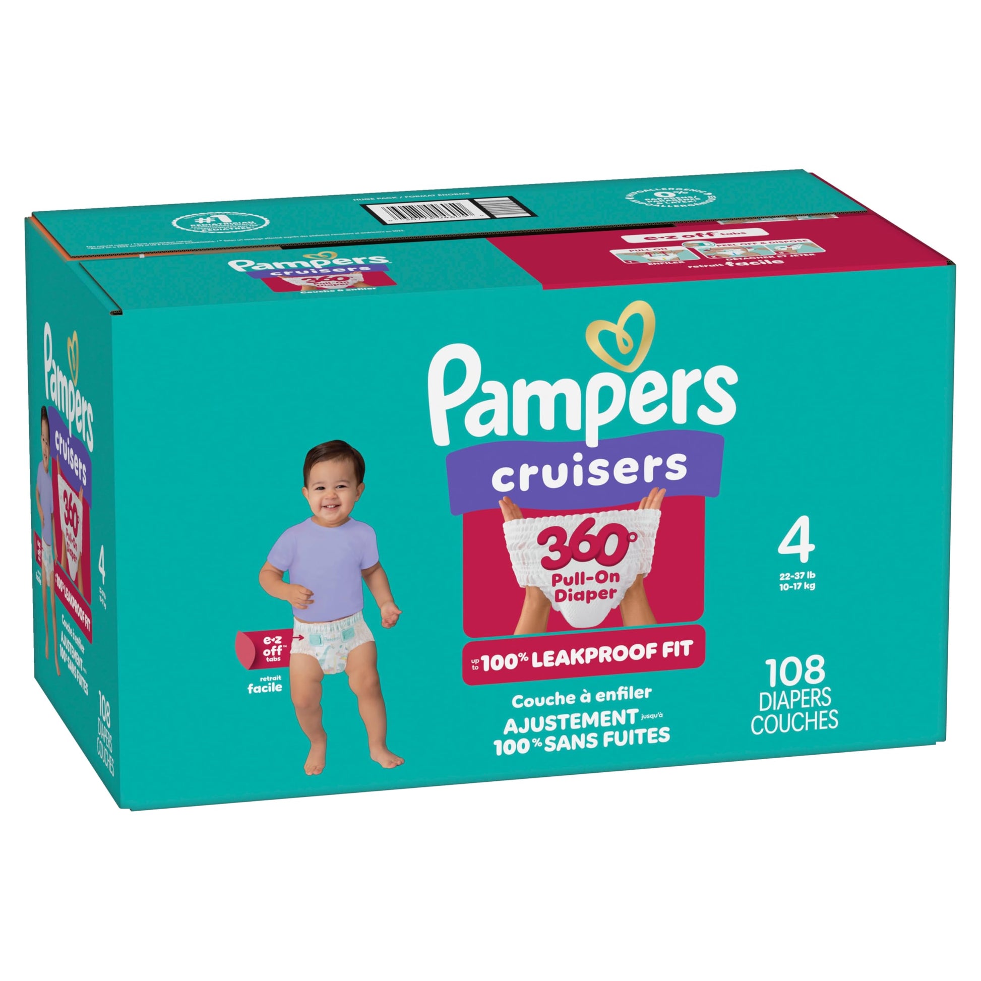 Pampers Diapers - Cruisers 360° - Size 4, up to 100% Leakproof Fit, Designed for Active Babies, Pull On Diaper, EZ Off Tabs Designed for Easy Changes, 1 Pack (Count of 108)