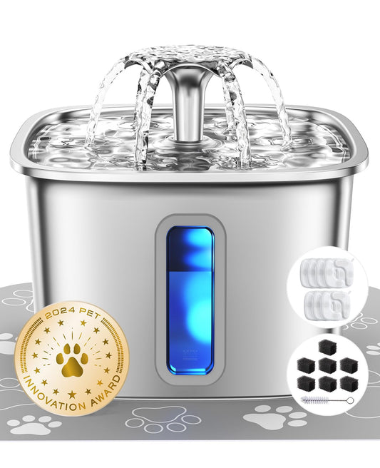 Veken Innovation Award Winner Stainless Steel Cat Water Fountain, 108oz/3.2L Pet Fountain with 7 Replacement Filters & 7 Pre-Filter Sponges & Silicone Mat, for Cats, Dogs (Silver)