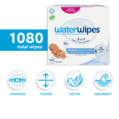 WaterWipes Plastic-Free Original Baby Wipes, 99.9% Water Based Wipes, Unscented & Hypoallergenic for Sensitive Skin, 1080 Count (18 packs)