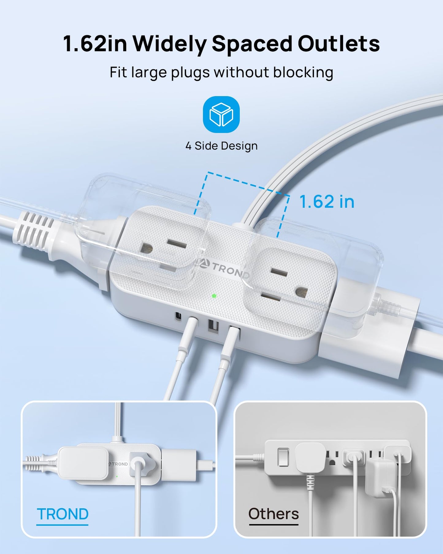 TROND Surge Protector Power Bar with 4 USB Ports(2 USB C), 5FT Slim Flat Plug Extension Cord Indoor, 4 Widely Spaced Outlets, 900J, Wall Mount, Small Power Strip for Office Dorm Home Essentials, White