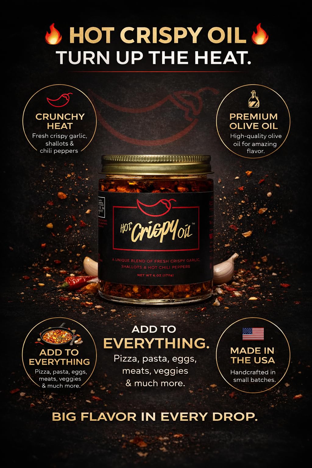 Hot Crispy Oil Original – All-Natural Blend with Fried Shallots, Garlic & Chili Peppers, 170g