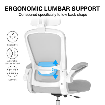 Mimoglad Office Chair, Comfy Desk Chair - High Back Ergonomic Computer Chair with Adjustable Lumbar Support & Headrest, Flip-up Armrests for Guitar Playing (Moon Grey)