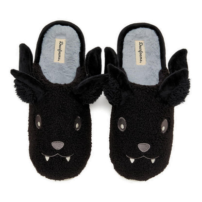 Dearfoams Unisex-Adult Spooky Fuzzy Halloween Pumpkin Jack O Lantern Slipper, Black Bat, 9-10 Women/7-8 Men