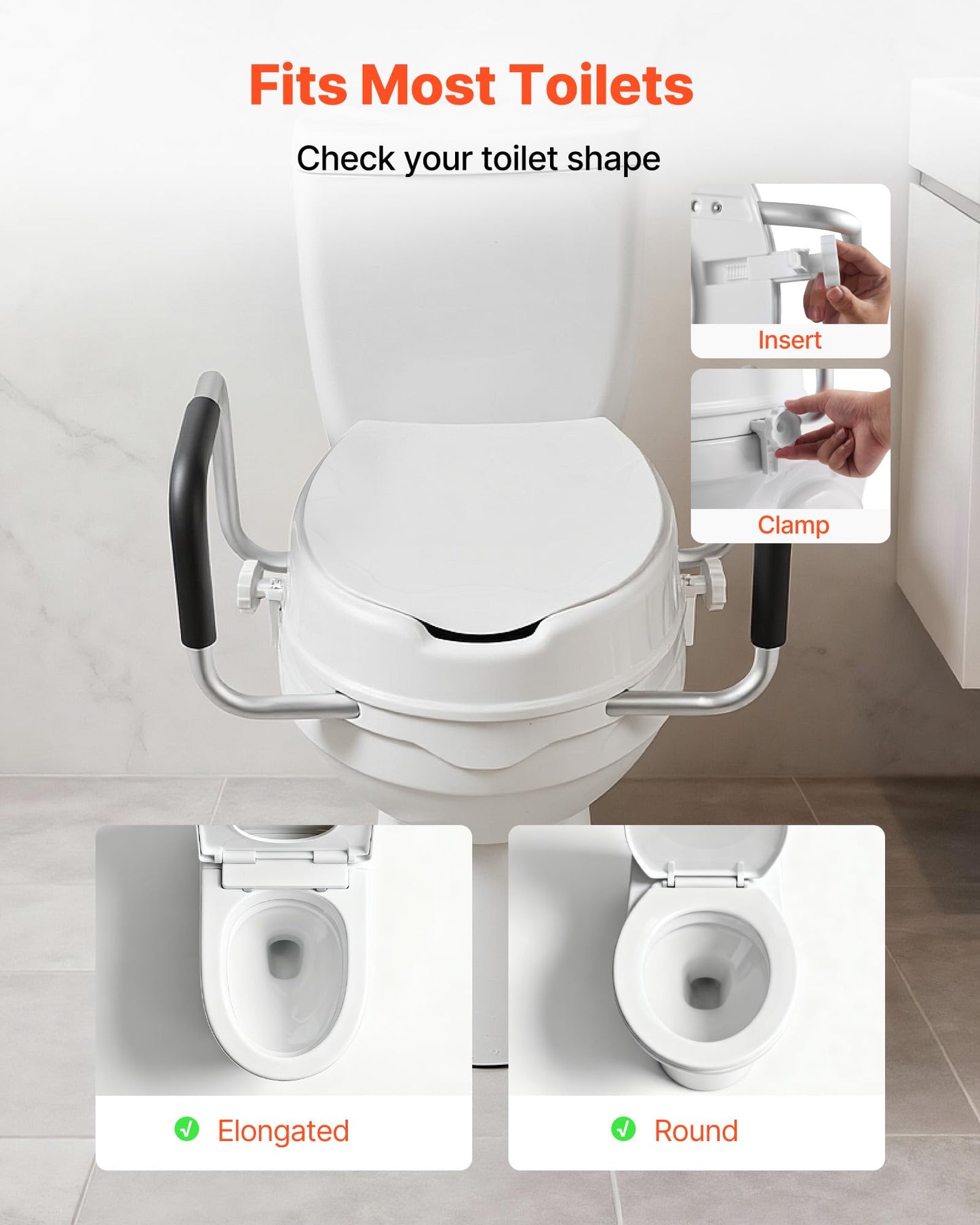 VEVOR Raised Toilet Seat with Arms, 300 lbs Load Capacity, 4-Inch Lift Height, Widened Commode Elevated Toilet Seat Riser with Padded Handles for Seniors, Elderly, Handicap, Disabled, and Adults Use VEVOR