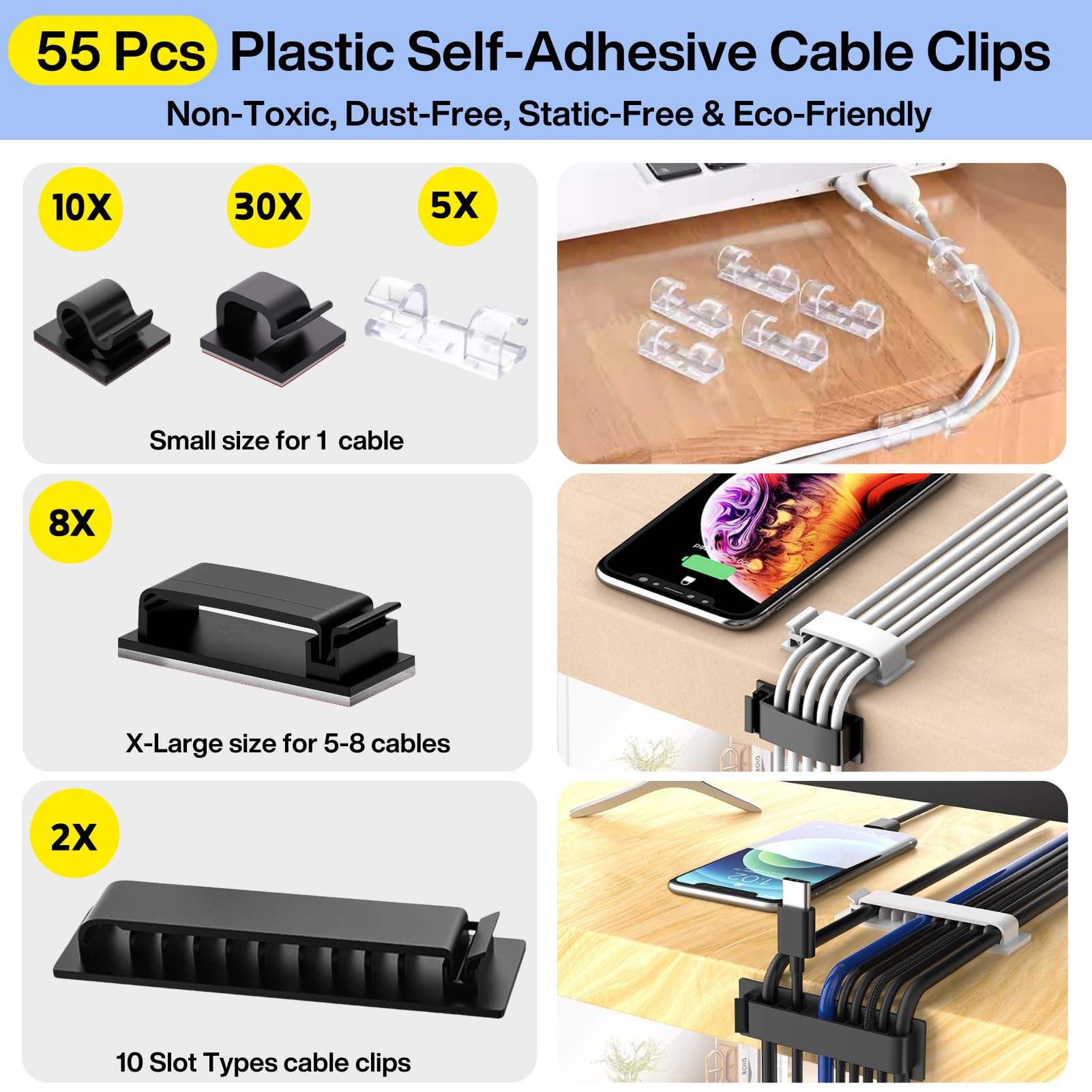 [313Pcs] Cable Management Kit, 67 Adhesive Cable Clips, Topavatop Desk Cord Organizer, 22 Reusable Cable Strap, 4 Cable Sleeve Split, 200 Nylon Cable Zip Ties with 20 Mounts for TV Office Home, Black - Available at All In One Marketplace Canada