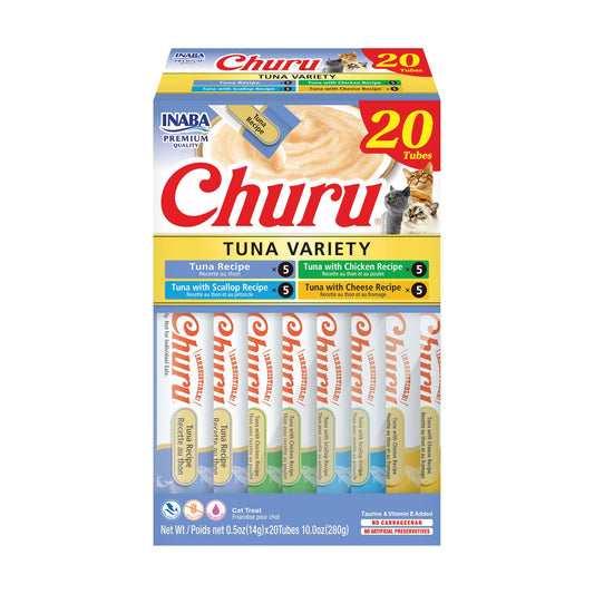 INABA Churu Cat Treats, Grain-Free, Lickable, Squeezable Creamy Purée Cat Treat/Topper with Vitamin E & Taurine, 0.5 Ounces Each Tube, 20 Tubes, Tuna Variety Box