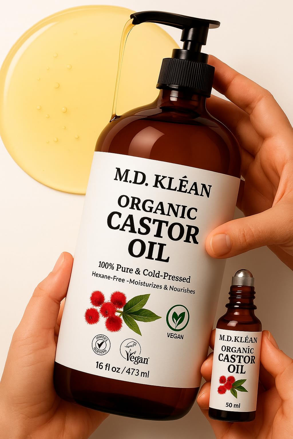 M.D. KLEAN Castor Oil Pure Cold Pressed (610 ml) Amber Glass Bottles | BPA Free Pump inc | Hexane Free| Lab Tested, Skin Moisturizer, Enhance Collagen | Holiday Gift (Free Roller Ball 50ml) 🍁 All In One Marketplace Canada