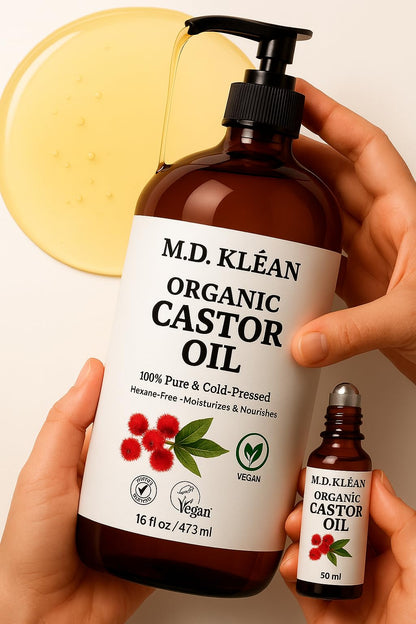 M.D. KLEAN Castor Oil Pure Cold Pressed (610 ml) Amber Glass Bottles | BPA Free Pump inc | Hexane Free| Lab Tested, Skin Moisturizer, Enhance Collagen | Holiday Gift (Free Roller Ball 50ml) 🍁 All In One Marketplace Canada