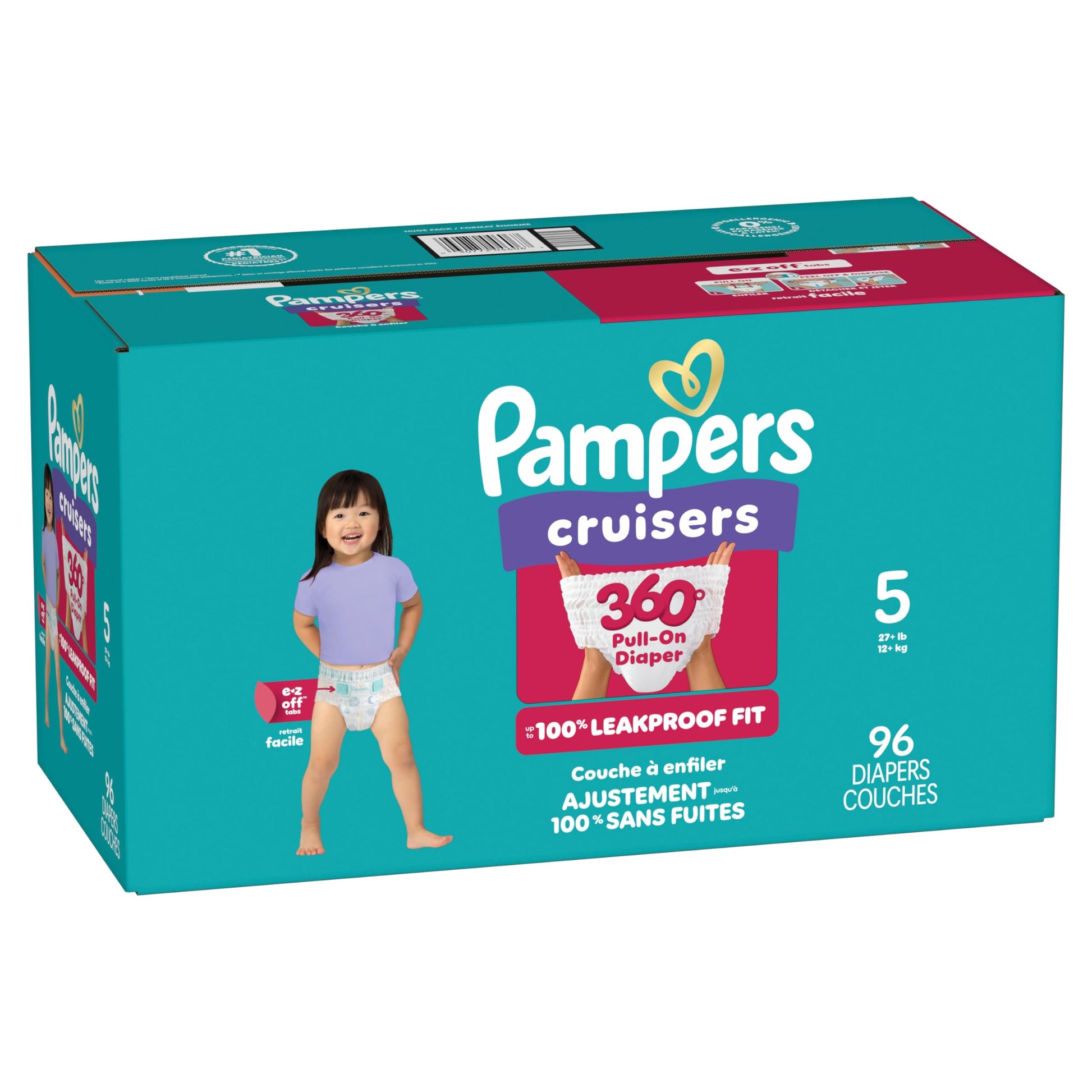 Pampers Diapers - Cruisers 360° - Size 5, up to 100% Leakproof Fit, Designed for Active Babies, Pull On Diaper, EZ Off Tabs Designed for Easy Changes, 1 Pack (Count of 96)