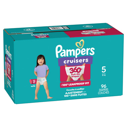 Pampers Diapers - Cruisers 360° - Size 5, up to 100% Leakproof Fit, Designed for Active Babies, Pull On Diaper, EZ Off Tabs Designed for Easy Changes, 1 Pack (Count of 96)