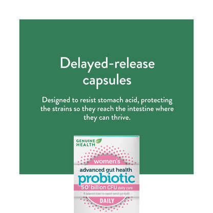 Genuine Health Advanced Gut Health Probiotic Women's Daily 50 Billion CFU - Healthy Digestion & Gut Flora Support - Women’s Probiotic - Vegan, Gluten-Free & Non-GMO - 30 Capsules (30 Servings) - Available at All In One Marketplace Canada