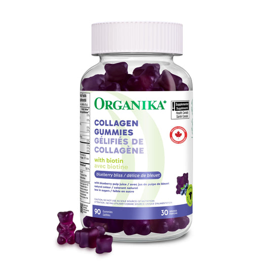 Organika Collagen Gummies with Biotin – 2500 mg Collagen Peptides Per Serving for Skin, Hair and Joint Health – Blueberry Bliss Flavour, Easy to Take – 90 Gummies - Available at All In One Marketplace Canada