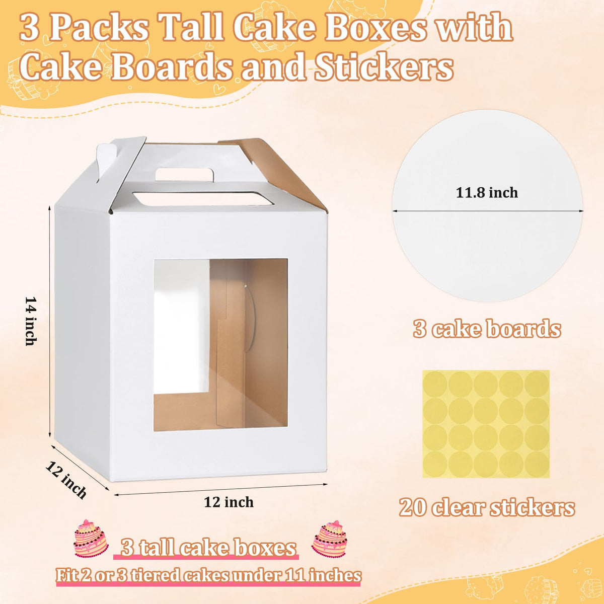 3 Pack Tall Cake Box for Tier Cake with Cake Board, 12 x 12 x 14 Inch Large Tiered Cake Carriers with Clear Windows & Handle, Disposable Bakery Take Out Transport Container for Birthday Wedding Party 🍁 All In One Marketplace Canada